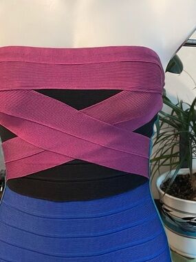Herve Leger Strapless Colorblock Bandage Dress in Magenta, Black & Blue